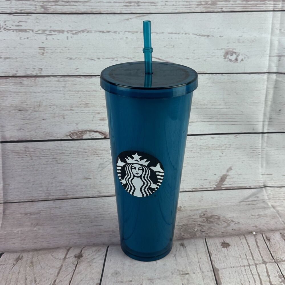 Starbucks Blue Teal Cold Cup Tumbler 24 Oz Straw Lid Siren Logo Reusable
